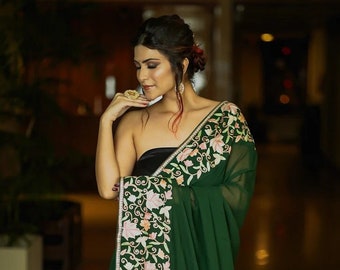 Saree with Pastel Chinar Border Embroidery, Kashmiri Work Saris, Aari Embroidered sarees