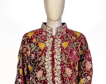 Maroon Kashmiri Jaal Aari Tilla Embroidered Jacket ~ Work Jacket For Women ~ Kashmiri Embroidery