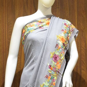 Grey Aari Embroidered Kashmiri Saree, Indian, ethnic, traditional, outfit, sari, Kashmir, kashmiri, woman, embroidery, wear
