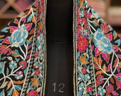 Tilla Outlined Papier Mache Hand Embroidered Pure Pashmina Shawl, Pure Cashmere Shawls, Black Boho Pashmina Wrap Embroidered Kashmir Shawl