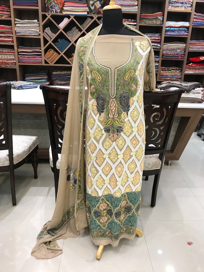 Kashmiri Aari Embroidered Suit, Women Indian Ethnic Wear, Party Wear, Designer Suits, Kashmir Suits, Indian Wedding Suits, Salwar Kameez Beige