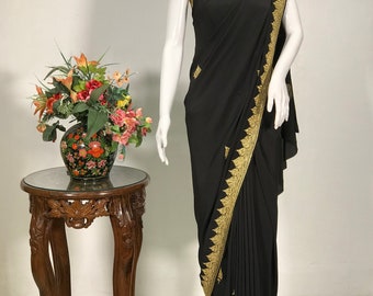 Black Pure Crepe Tilla Hand Embroidered Kashmiri Saree, Women Indian Ethnic, Traditional Outfit, Kashmiri Embroidery Sari, Women Dress