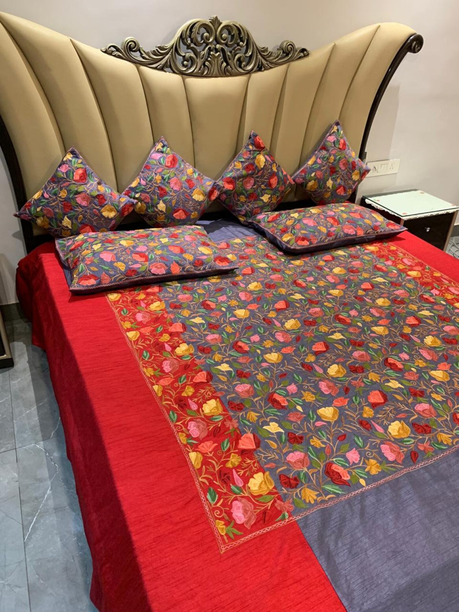 Raw Silk Bed Cover With Kashida Floral Aari Embroidery Etsy
