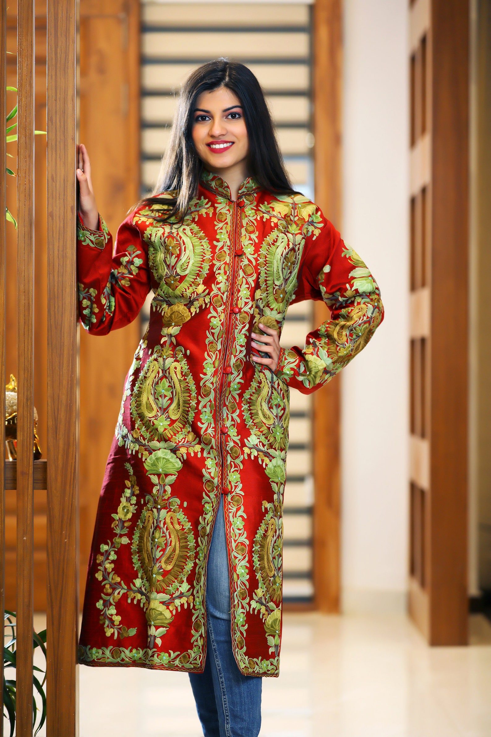 Red Long Overcoat Embroidered Coat for Woman Kashmiri Coats Etsy UK