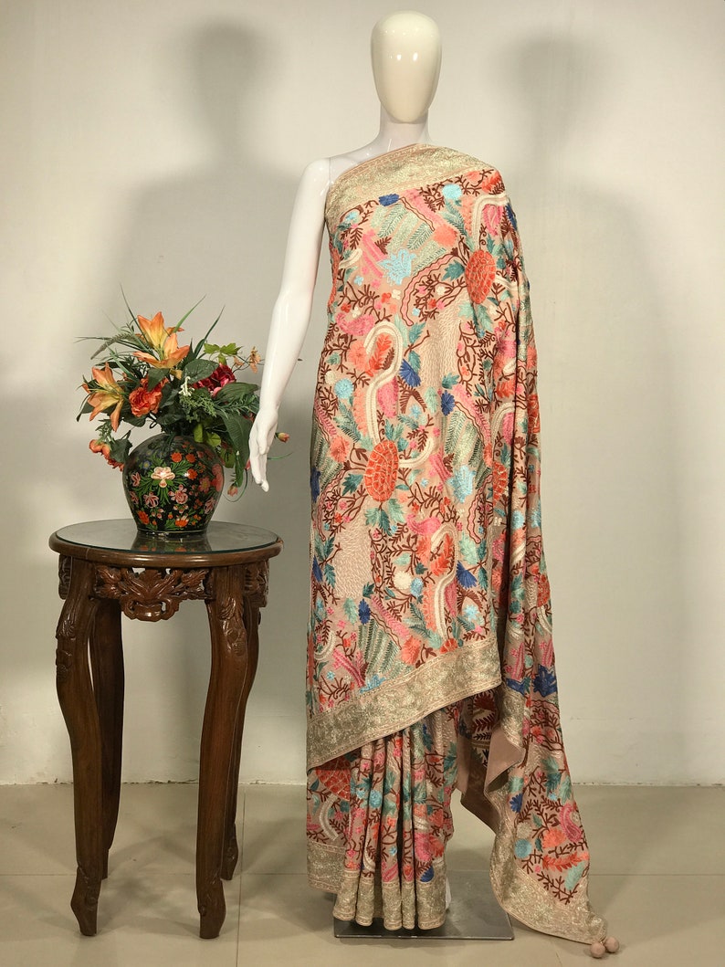 Pure Silk Aari Embroidered Kashmiri Saree Indian Ethnic Etsy