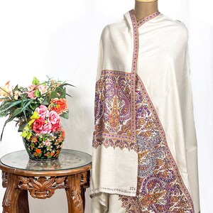 Pure Pashmina Off-White Shawl With Papier Mache Hand Embroidery, Wedding Pashmina Shawl, Pure Kashmiri Shawls image 2