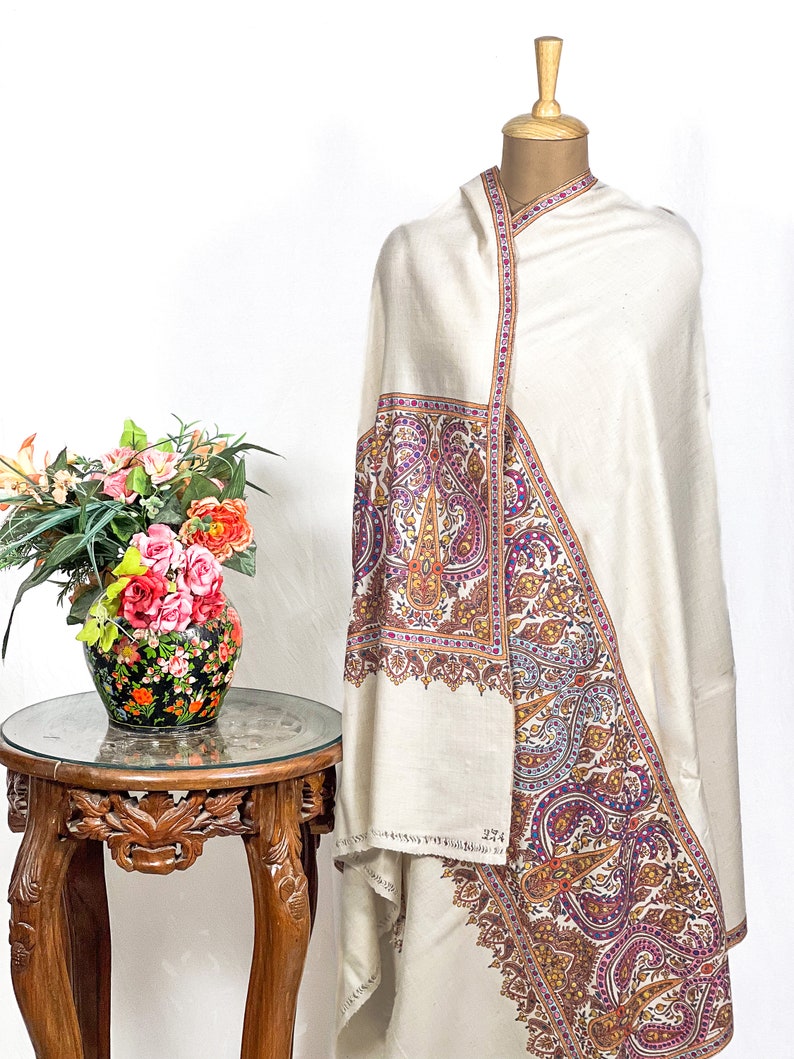 Pure Pashmina Off-White Shawl With Papier Mache Hand Embroidery, Wedding Pashmina Shawl, Pure Kashmiri Shawls image 2