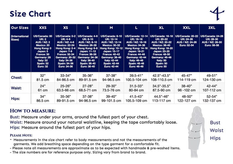 May include: A size chart table with a dark blue header and white text, displaying international clothing sizes from XXS to 3XL. It includes chest, waist, and hip measurements in inches and centimeters, along with instructions on how to measure the body.