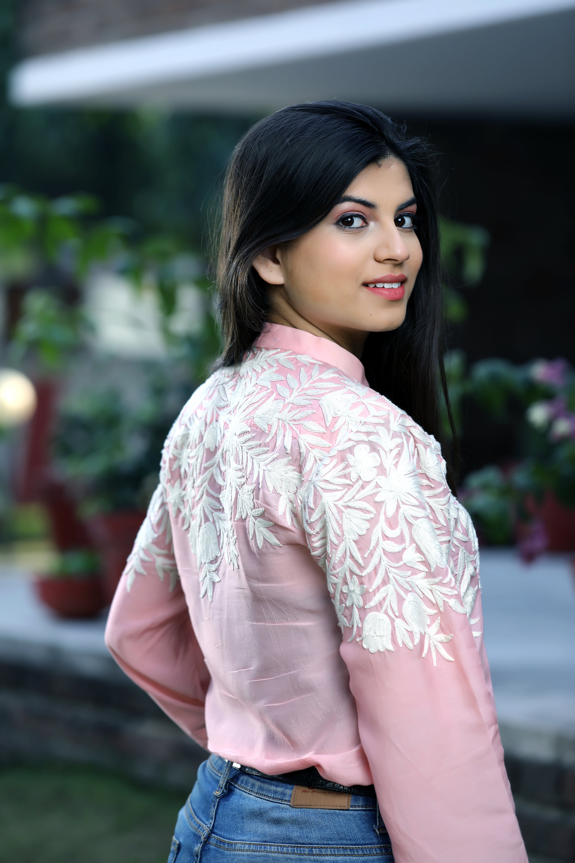 Pink Cotton Shirt Top With Cream Embroidery, Kashmiri Embroidered