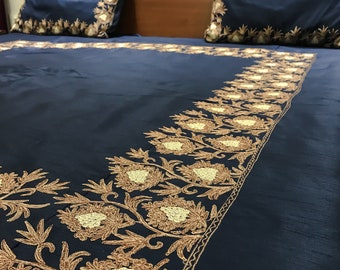 Raw Silk Bed Cover with Floral Vine Embroidery, Beautiful Silk Bed Set, 2 Pillow Covers and 4 Cushion Covers Included