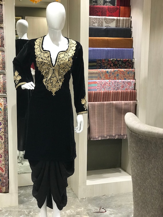Black Velvet Kurta With Golden Tilla Embroidery, Kashmiri Embroidered Kurti,  Women Tunics -  Canada
