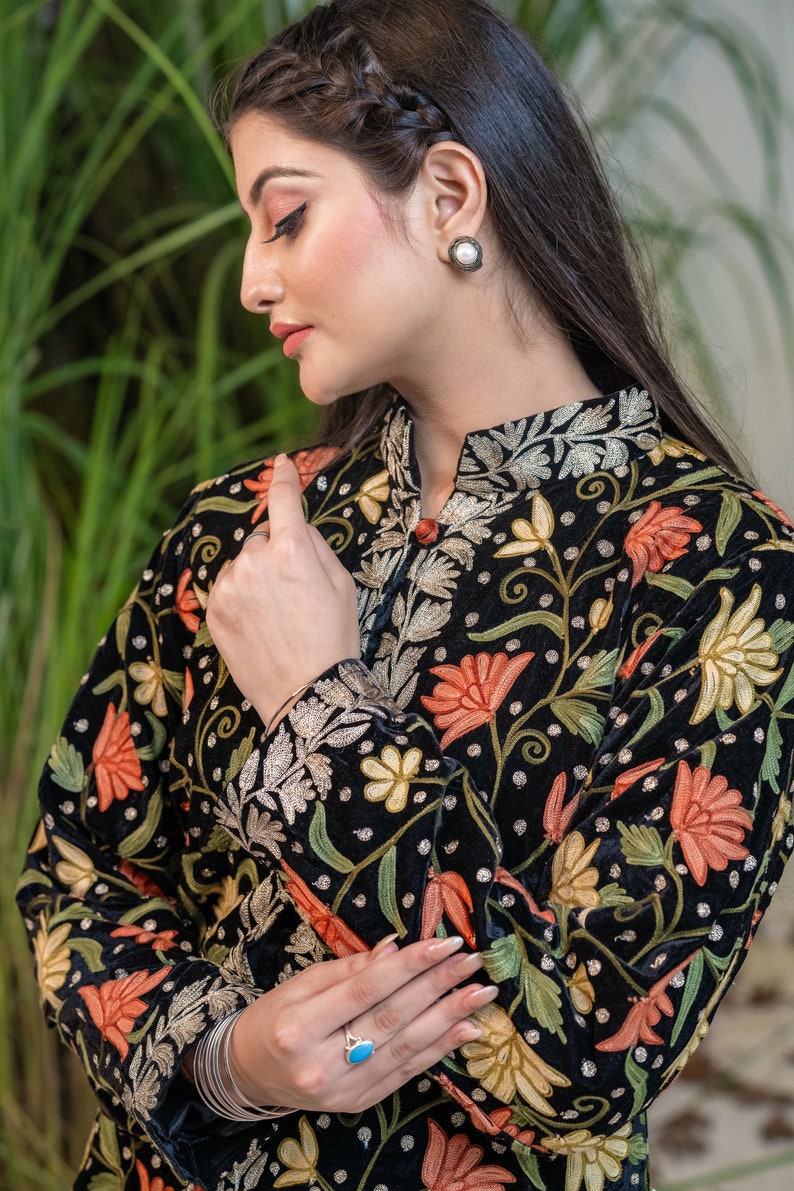 Black Kashmiri Jaal Aari Tilla Embroidered Jacket Work Jacket For Women Kashmiri Embroidery image 3