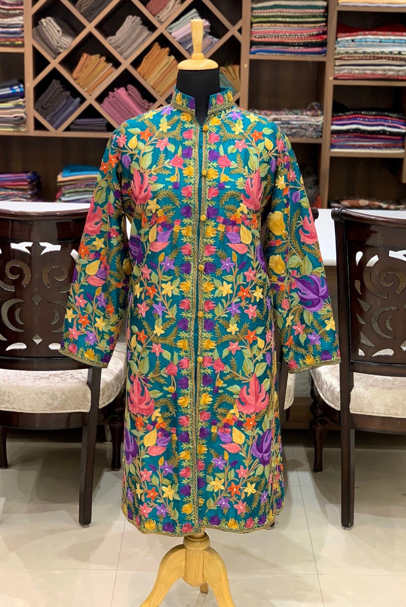 Coat Long Coat Embroidered Coat Kashmir Coats Teal Women Etsy Canada