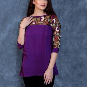 Top with Thread Embroidered Shoulders & Sleeves, Kashmiri Embroidered T-Shirts, Women Tunic, Bohemian Women Top, Ethnic Traditional Wear