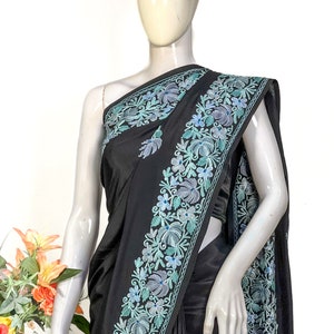 Kashmiri Saree with Floral Aari Embroidery, Women Indian Ethnic, Traditional Outfit, Kashmir embroidery, Kashmiri Sari