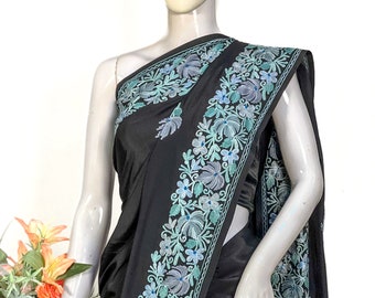 Kashmiri Saree with Floral Aari Embroidery, Women Indian Ethnic, Traditional Outfit, Kashmir embroidery, Kashmiri Sari