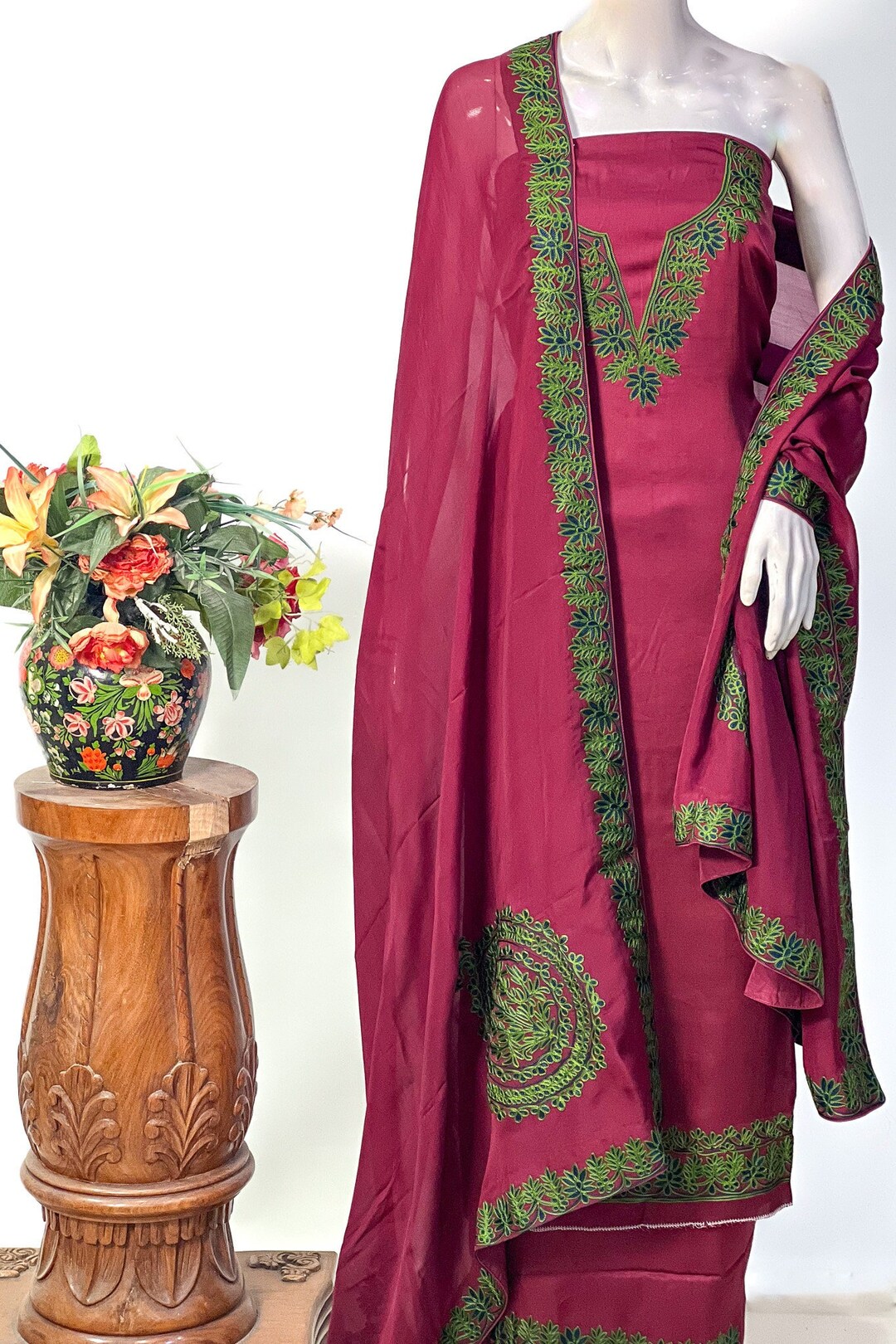 Women Cotton Suits with Hand Kashmiri Embroidery Unstitched Dress Material Salwar Suits -pink2