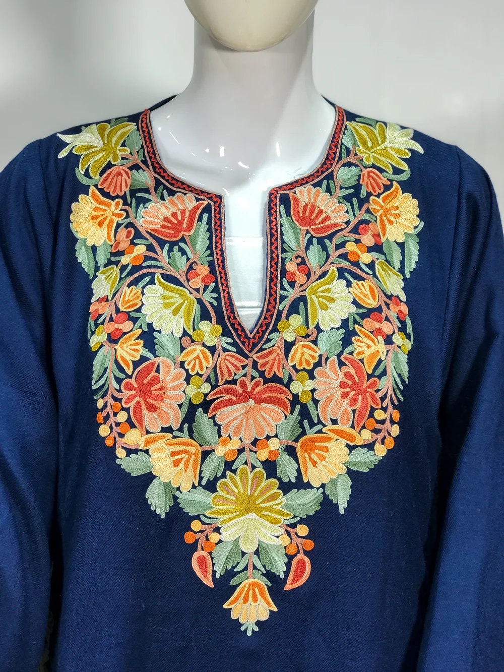 Navy Blue Woollen Phiran With Aari Embroidery Comfortable - Etsy