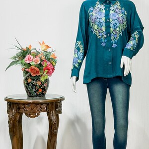 Peacock Green Crepe Shirt with Aari Embroidery, Collar and Shoulder Straps, Kashmiri Embroidered Shirts, Rich Top, Bohemian Women Tops