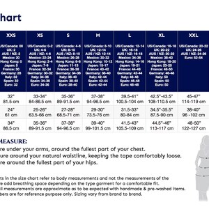 May include: A size chart table with a dark blue header and white text, displaying international clothing sizes from XXS to 3XL. It includes chest, waist, and hip measurements in inches and centimeters, along with instructions on how to measure the body.
