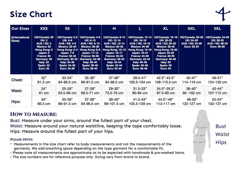 May include: A size chart table with a dark blue header and white text, displaying international clothing sizes from XXS to 3XL. It includes chest, waist, and hip measurements in inches and centimeters, along with instructions on how to measure the body.