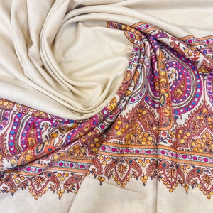 Pure Pashmina Off-White Shawl With Papier Mache Hand Embroidery, Wedding Pashmina Shawl, Pure Kashmiri Shawls image 5