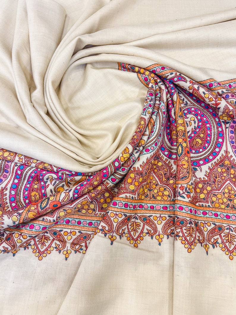 Pure Pashmina Off-White Shawl With Papier Mache Hand Embroidery, Wedding Pashmina Shawl, Pure Kashmiri Shawls image 5