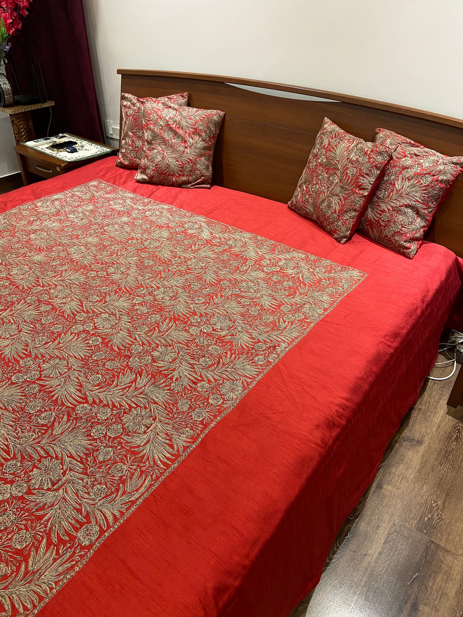 Red Raw Silk Bed Cover With Silk Thread Floral Embroidery Etsy