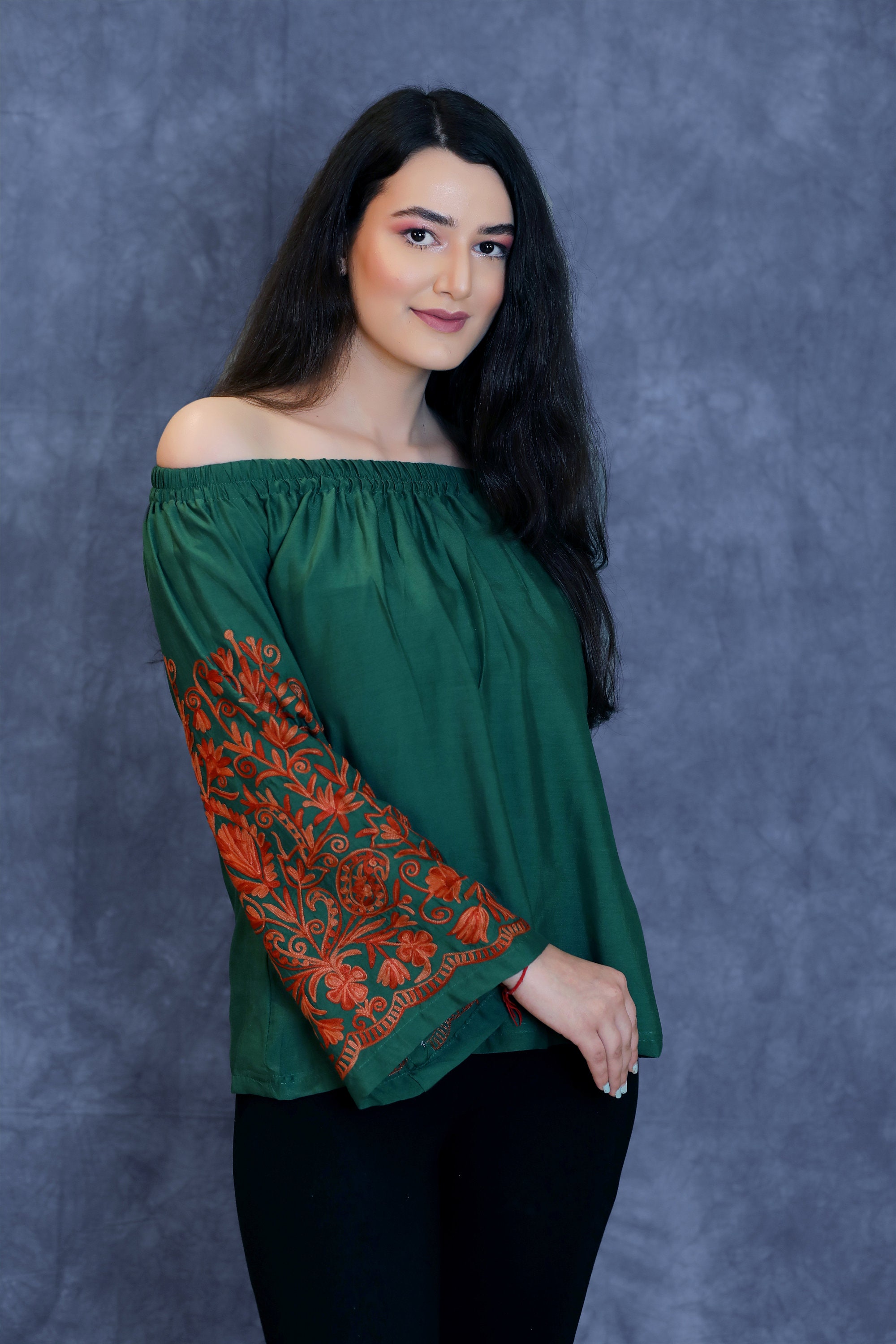 Off Shoulder Top With Embroidered Sleeves, Kashmiri Tops, Women