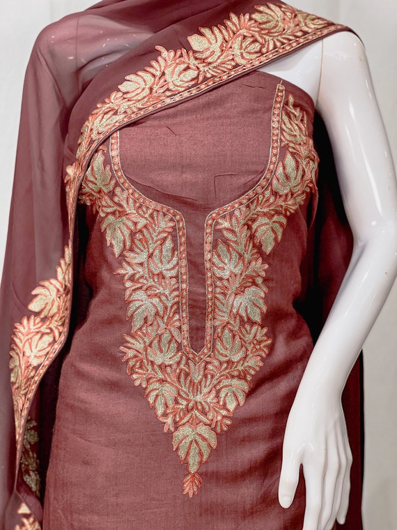 Stunning Maroon Kashmiri Tilla Work Paper Silk Suit Set – Luxurion World