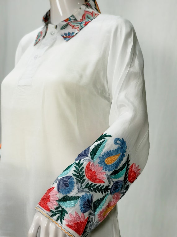 Camisa de crepe con bordado Aari y cuello estampado correas de cuello y hombros camisas bordadas de Cachemira top rico tops de mujer boho Etsy Mexico