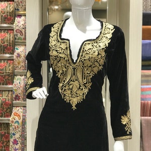 Black Velvet Kurta With Golden Tilla Embroidery, Kashmiri Embroidered ...