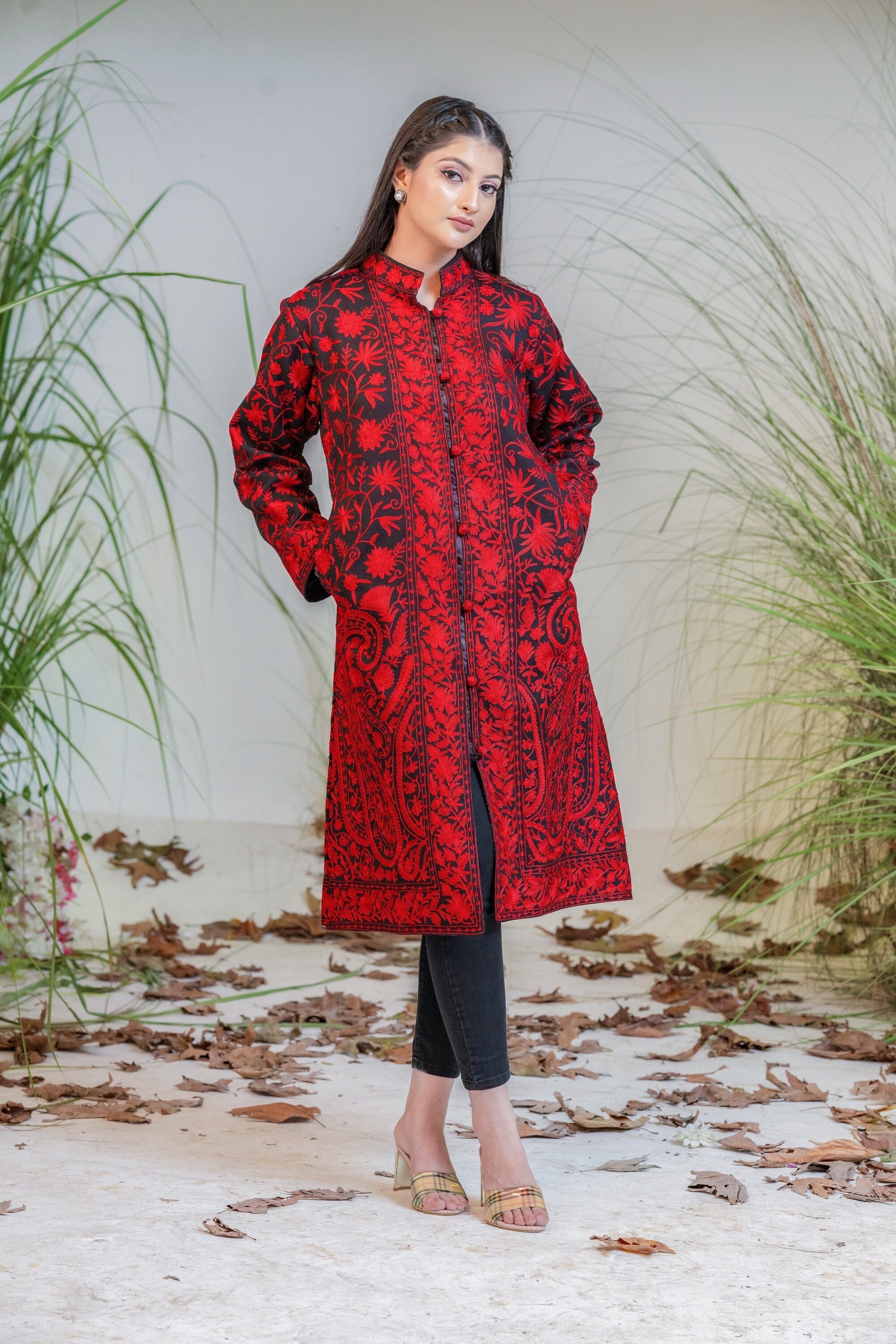 Black Floral Coat, Kashmiri Long Coat, Red Coat, Women Clothing