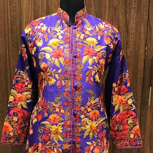 Kashmiri Jacket, Embroidered Coat, Kashmiri Coat, Winter Coat, Indian Jacket, Traditional Coat, Purple Jacket, Long Vintage Coat,Silk Jacket