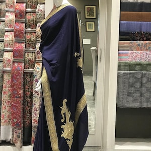 Pure Crepe Golden Zari Hand Embroidered Navy Blue Kashmiri Saree, Kashmiri embroidery Sarees, Women Saris, Party Wear Sarees, Dresses