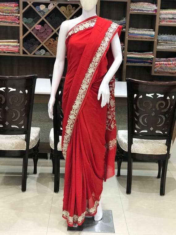 Red Zari Embroidered Kashmiri Saree, Women Indian Ethnic, Traditional Outfit, Kashmir Embroidery, Kashmiri Sari, Women Dress, Prom Outfit