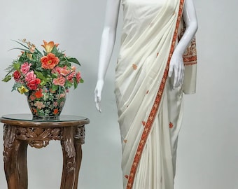 Sozni Hand Embroidered White Kashmiri Saree, Indian Ethnic Saris, Kashmiri embroidery Sarees, Women Saris, Party Wear Sarees, Dresses