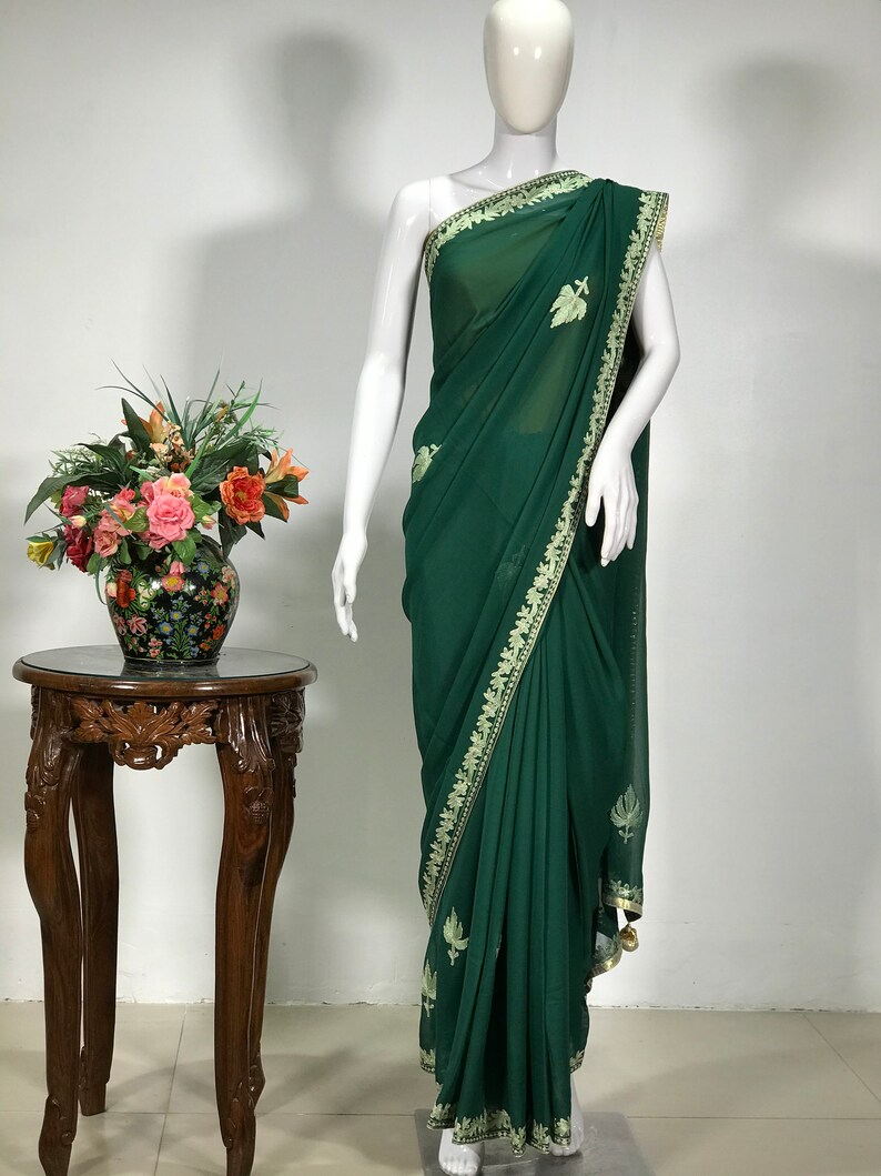 Aari /& Tilla Embroidered Kashmiri Saree Indian Ethnic Dress Green Women Saris Wedding Sarees Georgette Kashmiri Sari Traditional Outfit