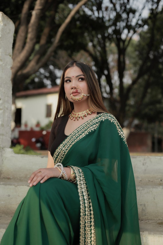 sari dress Green Zari Hand Embroidered Kashmiri Saree, Women Cover Up, Indian Dress, Embroidered Dress, Traditional Outfit, Ethnic Clothing Fully lined for a smooth A Mid-Century Sari Dress
