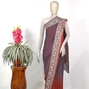 Viscose Georgette Women Saree with Kashmiri Puff Tilla Border Embroidery, Kashmiri Saree, Designer Saree, Indian Saree, Ethnic Clothes
