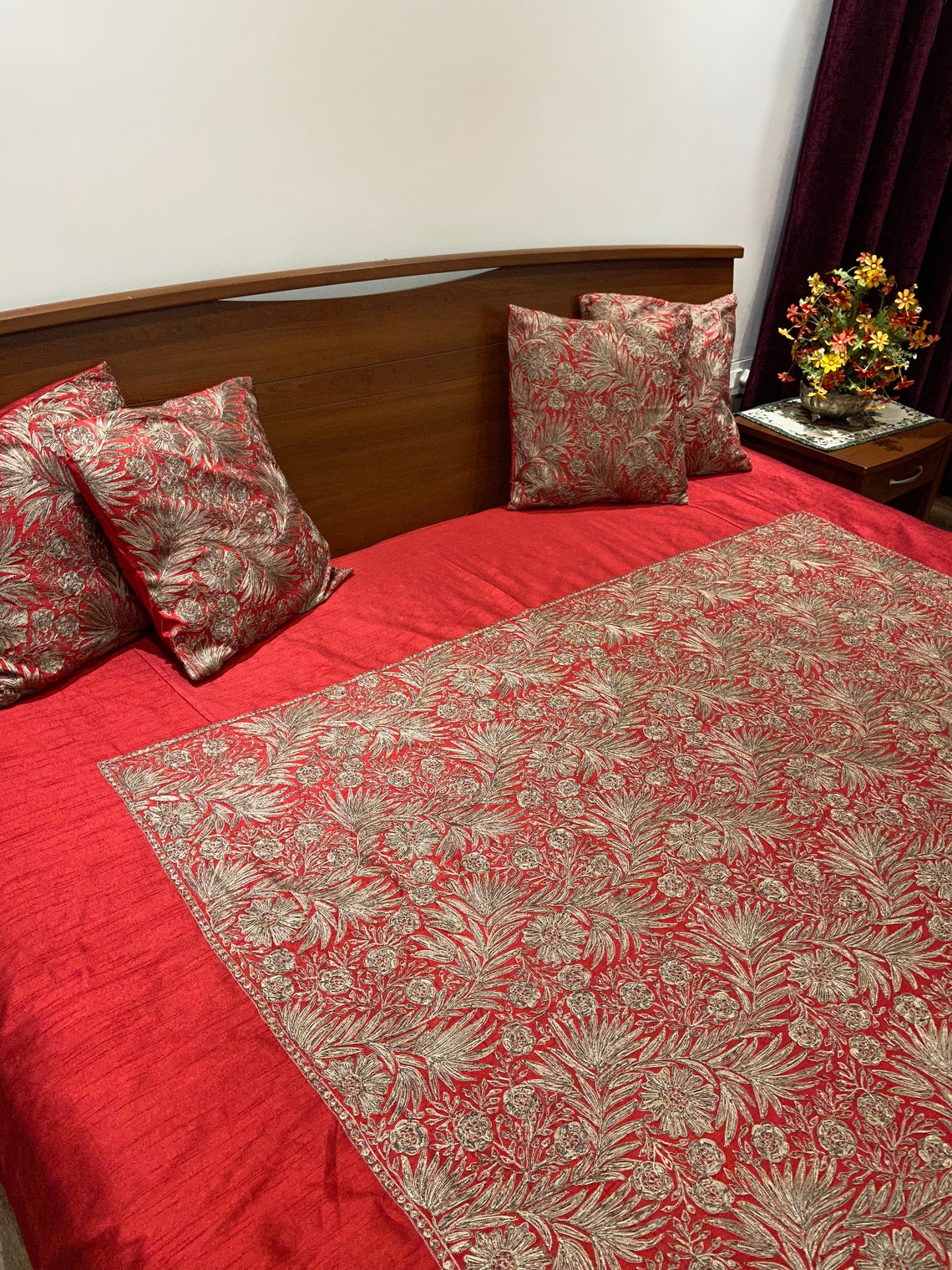 Red Raw Silk Bed Cover With Silk Thread Floral Embroidery Etsy