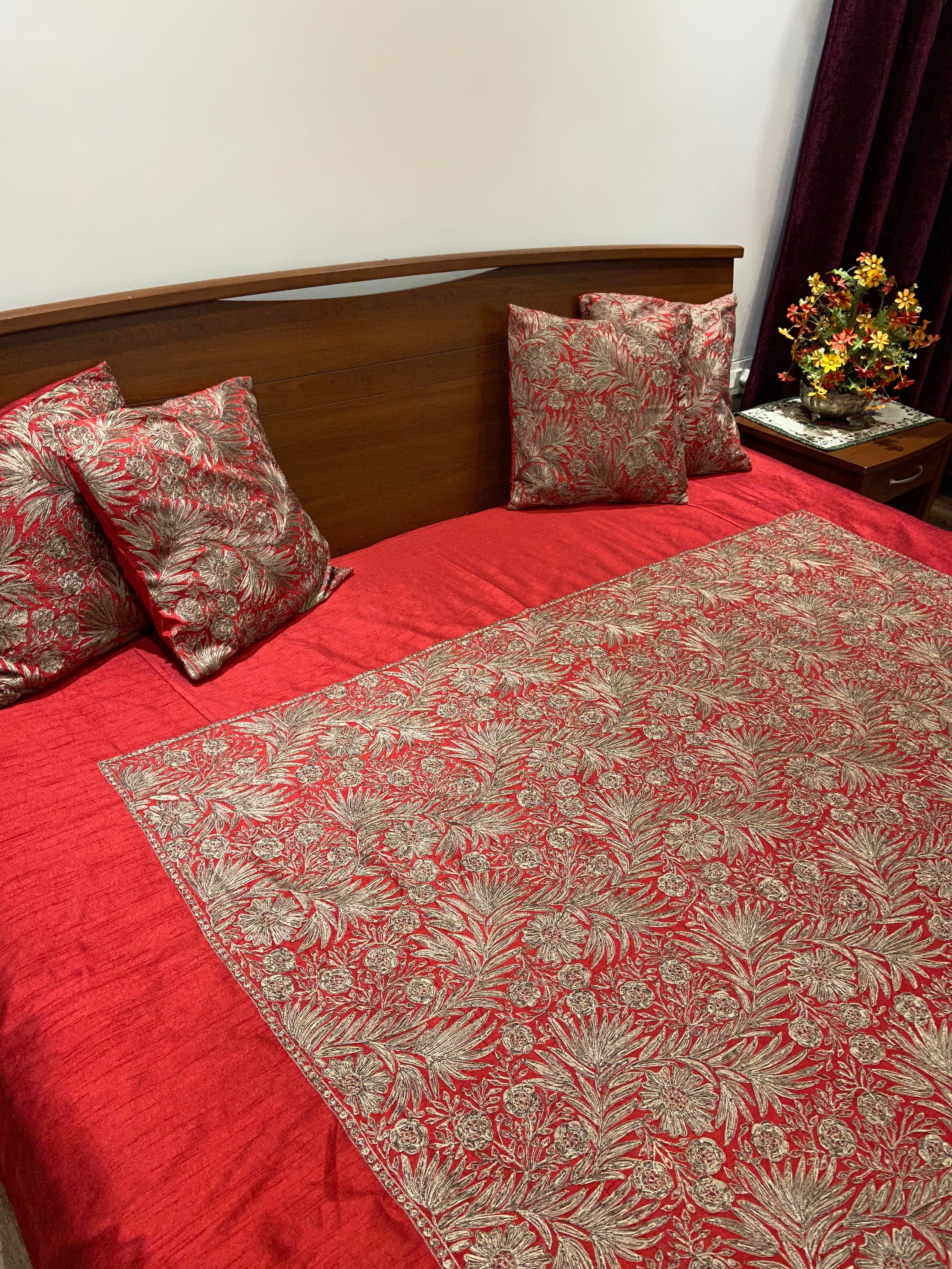 Red Raw Silk Bed Cover With Silk Thread Floral Embroidery Etsy