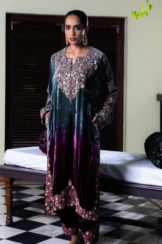 navy blue dress for baby girl EVENING BLUE INDIAN WEDDING VELVET DRESS AT ASIAN COUTURE main image 1