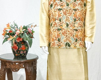 Pure Raw Silk Nehru Jacket & Kurta Pyjama Set with Kashmiri Aari Embroidery, Men Modi Jackets, Jawahar Jackets, Festive Kurta Pyjamas