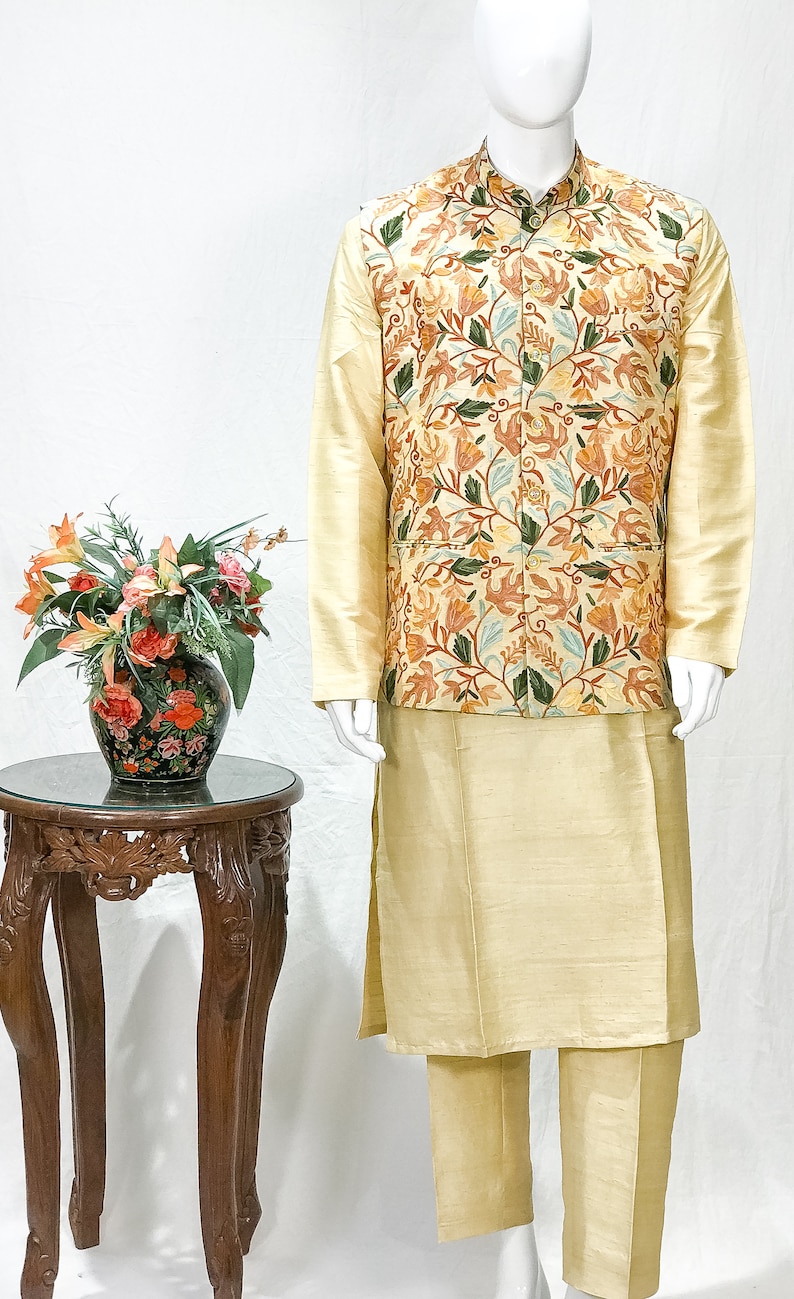Modi Pyjama Pure Raw Silk Nehru Jacket & Kurta Pyjama Set With Kashmiri Aari ...