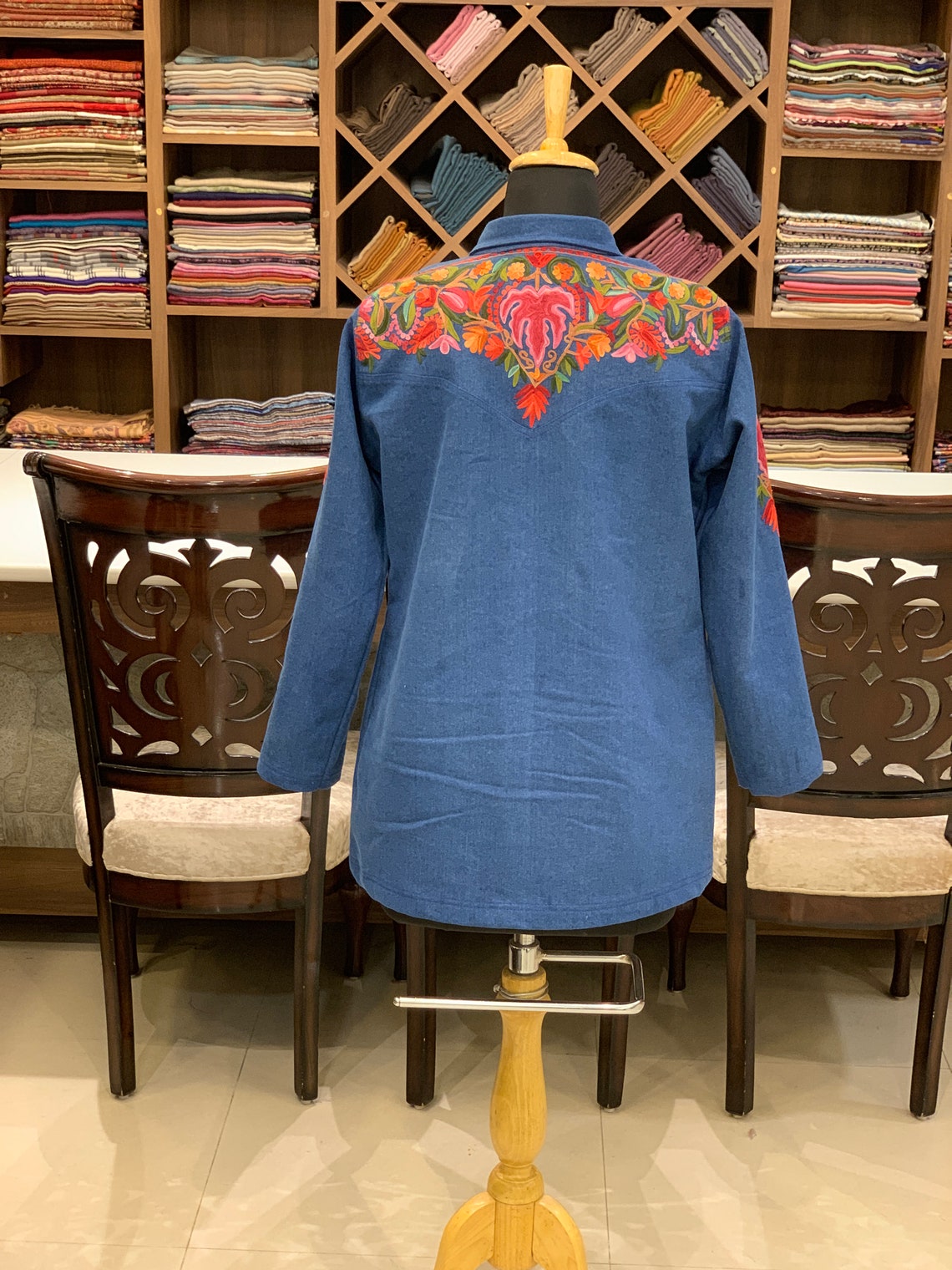 Blue denim embroidered jacket kashmiri jacket multicolor  etsy