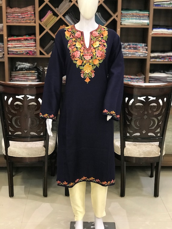 Women White Cotton Kashmiri Purple Embroidered Straight Short Kurti |