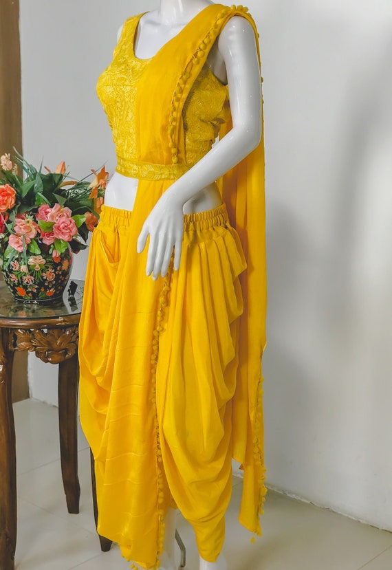 Buy Yellow Georgette And Modal Satin Embroidery Leaf Cape & Dhoti Pant Set  For Women by Miku Kumar Online at Aza Fashions.