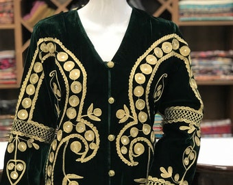 Impresionante abrigo de terciopelo verde con bordado Dori & Tilla, abrigo largo bordado para mujer, pieza de declaración Boho