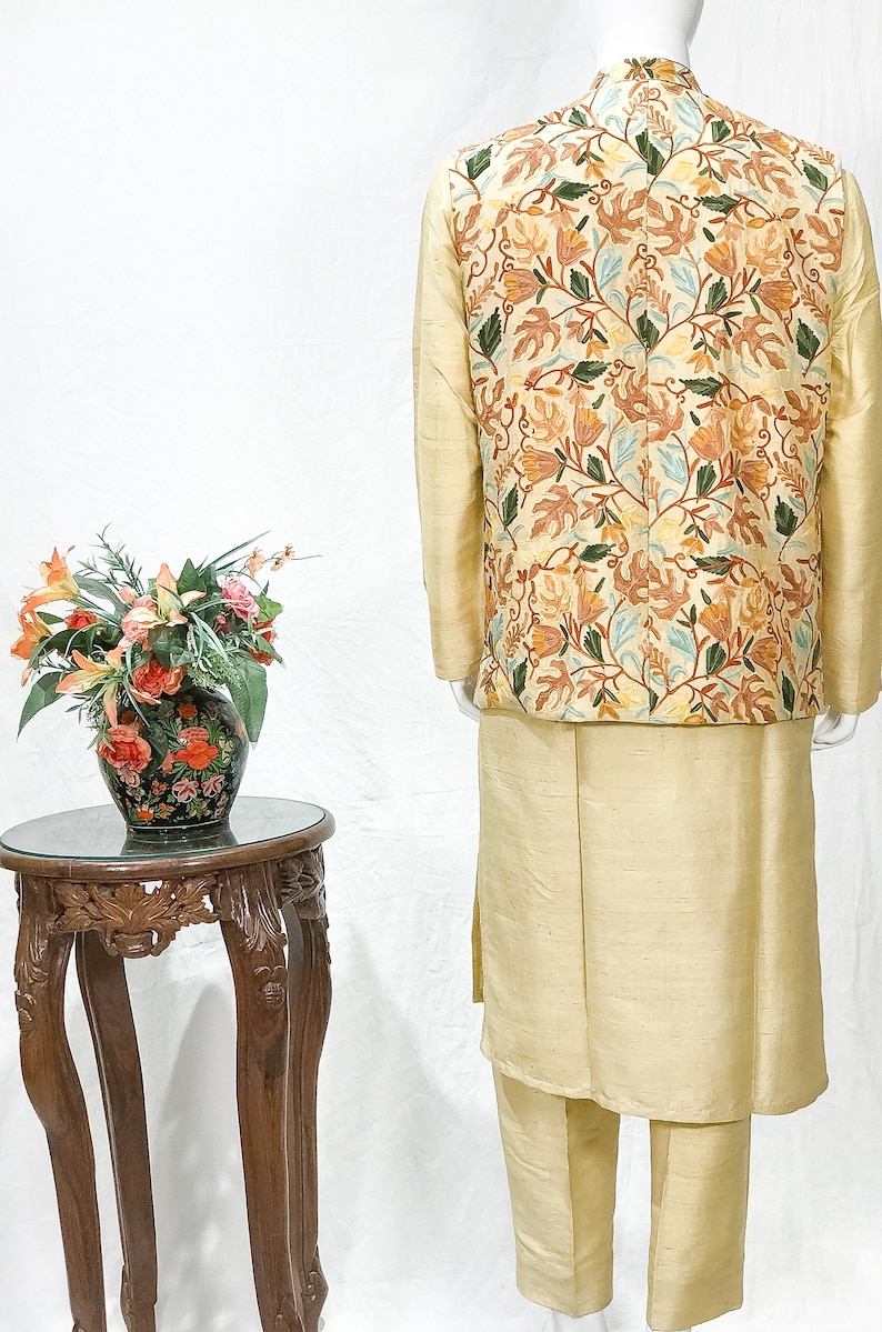 Modi Pyjama Pure Raw Silk Nehru Jacket & Kurta Pyjama Set With Kashmiri Aari ...